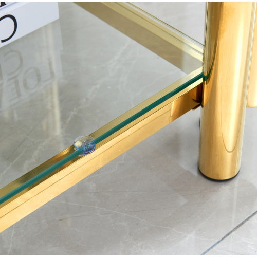 20 Inch Square End Table, Modern Stainless Steel End Table, Double-Layer Clear Tempered Glass Coffee Table, Side Table With Storage, For Living Room Home Office